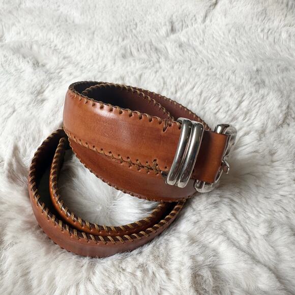 Cole Haan Men’s Size 36 Leather Belt Stitch Detailing Brown Silver Buckle Italy